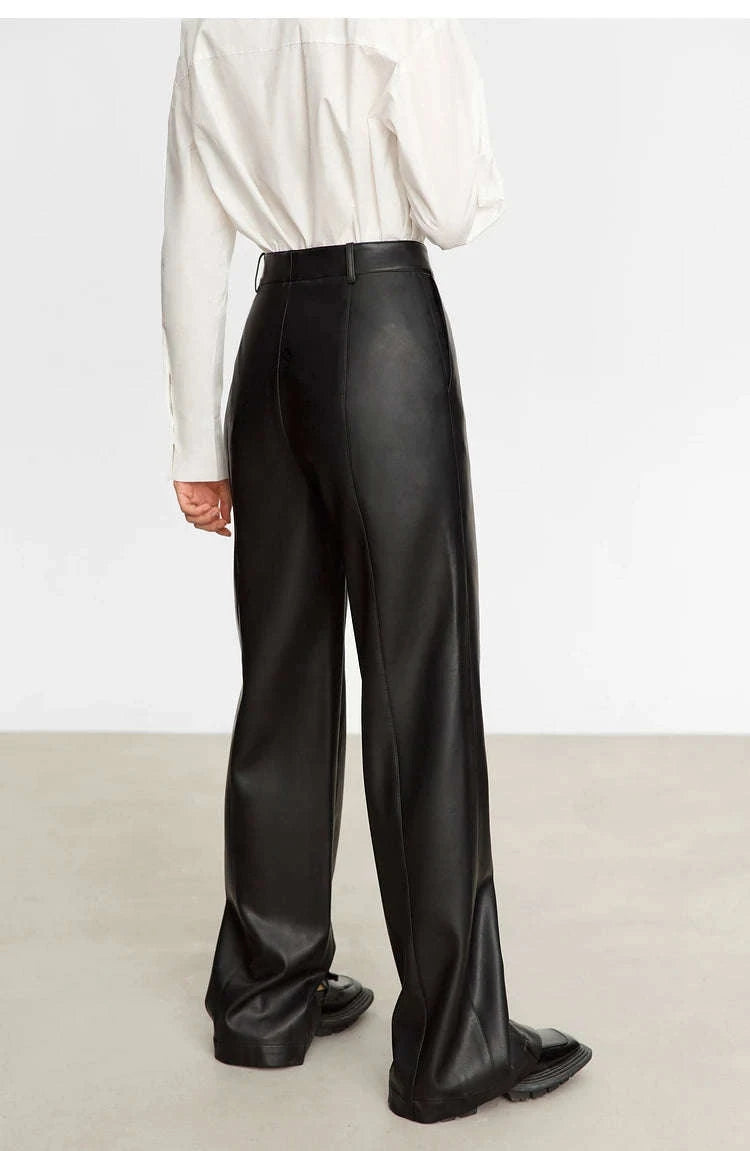 Women's Loose PU Leather Straight Leg Pants with Side Slit Floor Length-Camel Pants / S