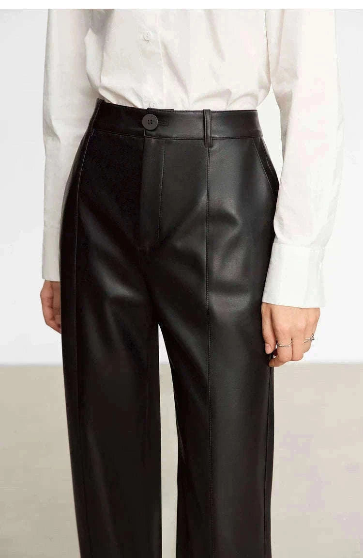 Women's Loose PU Leather Straight Leg Pants with Side Slit Floor Length-Camel Pants / S
