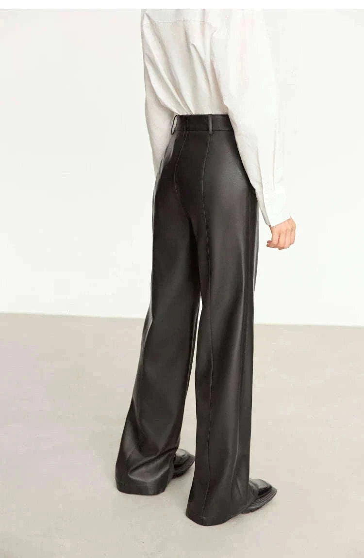Women's Loose PU Leather Straight Leg Pants with Side Slit Floor Length-Camel Pants / S