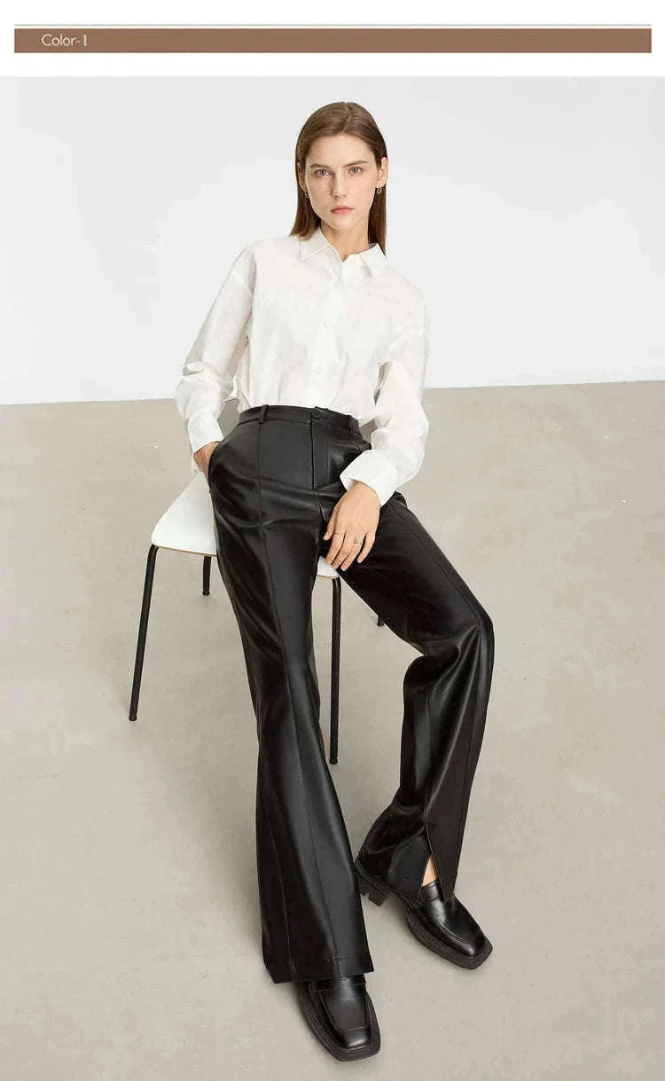 Women's Loose PU Leather Straight Leg Pants with Side Slit Floor Length-Camel Pants / S