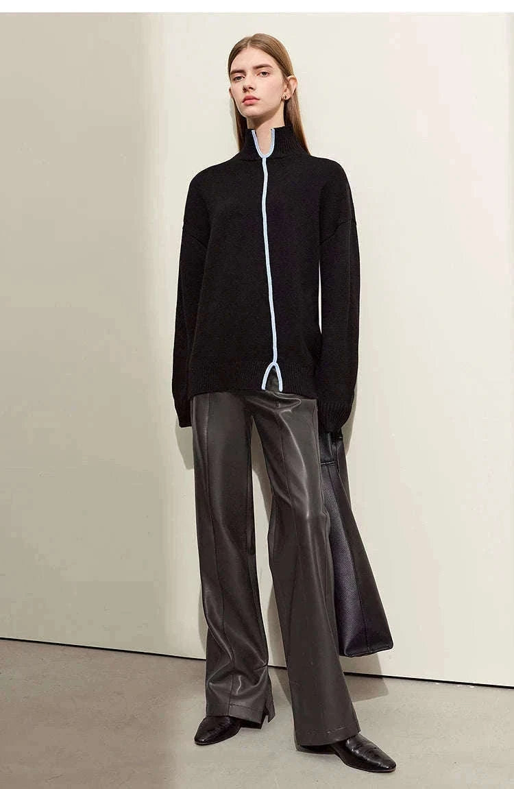 Women's Loose PU Leather Straight Leg Pants with Side Slit Floor Length-Camel Pants / S