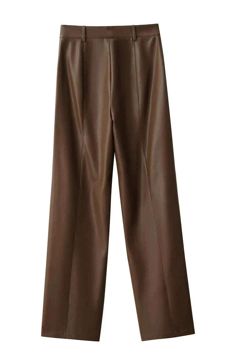 Women's Loose PU Leather Straight Leg Pants with Side Slit Floor Length-Camel Pants / S