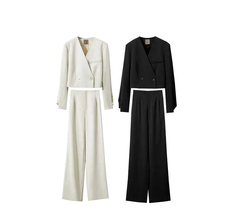 Women’s Loose V-Neck Blazer and Wide Leg Pants Suit Set-Black pants / XL