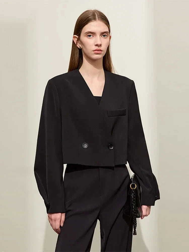 Women’s Loose V-Neck Blazer and Wide Leg Pants Suit Set-Black pants / XL