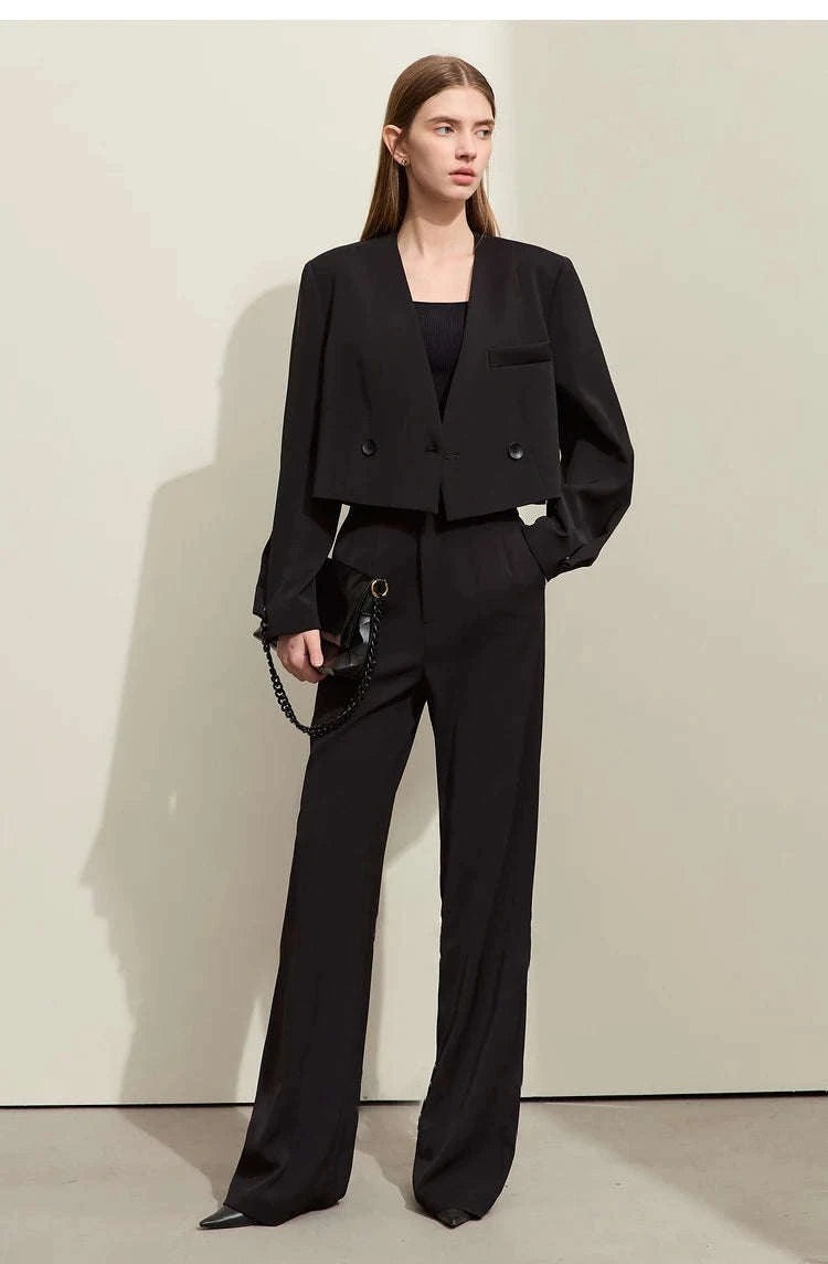 Women’s Loose V-Neck Blazer and Wide Leg Pants Suit Set-Black pants / XL