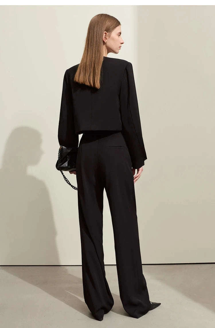 Women’s Loose V-Neck Blazer and Wide Leg Pants Suit Set-Black pants / XL