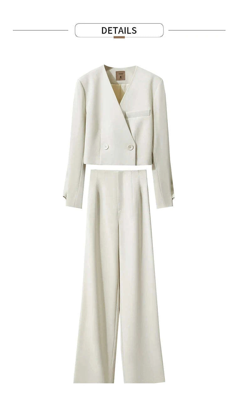 Women’s Loose V-Neck Blazer and Wide Leg Pants Suit Set-Black pants / XL