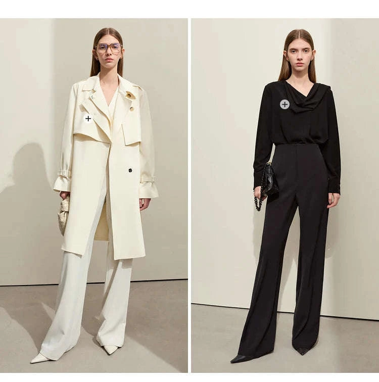 Women’s Loose V-Neck Blazer and Wide Leg Pants Suit Set-Black pants / XL