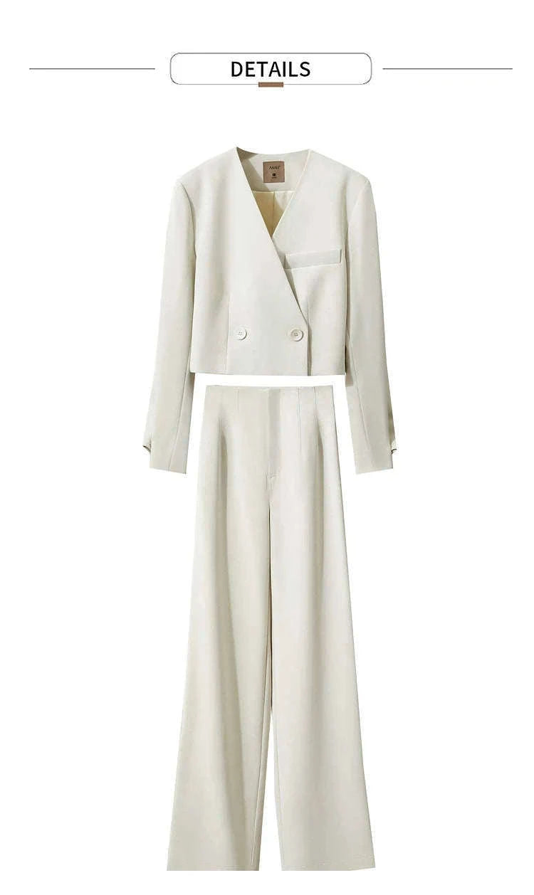 Women’s Loose V-Neck Blazer and Wide Leg Pants Suit Set-Black pants / XL