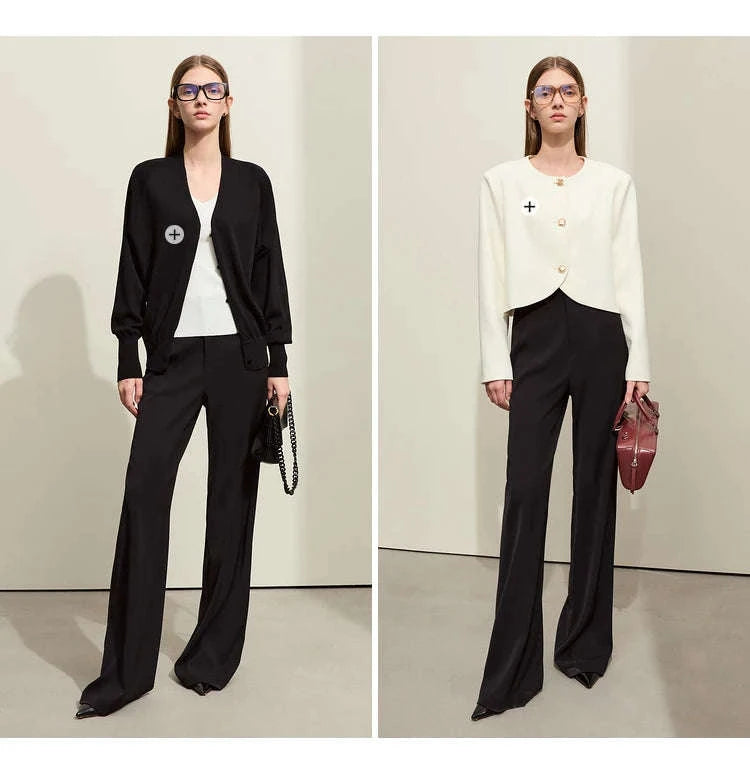Women’s Loose V-Neck Blazer and Wide Leg Pants Suit Set-Black pants / XL