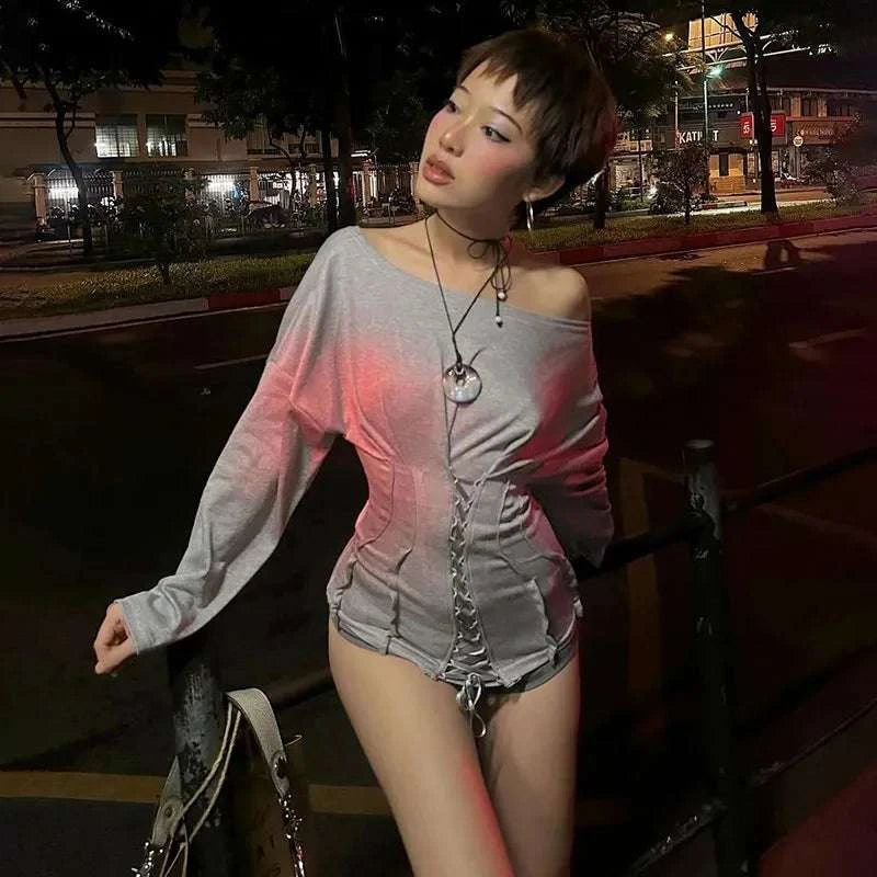 Women’s Off Shoulder Drawstring Top with Full Sleeves Casual Fit-GRAY / L