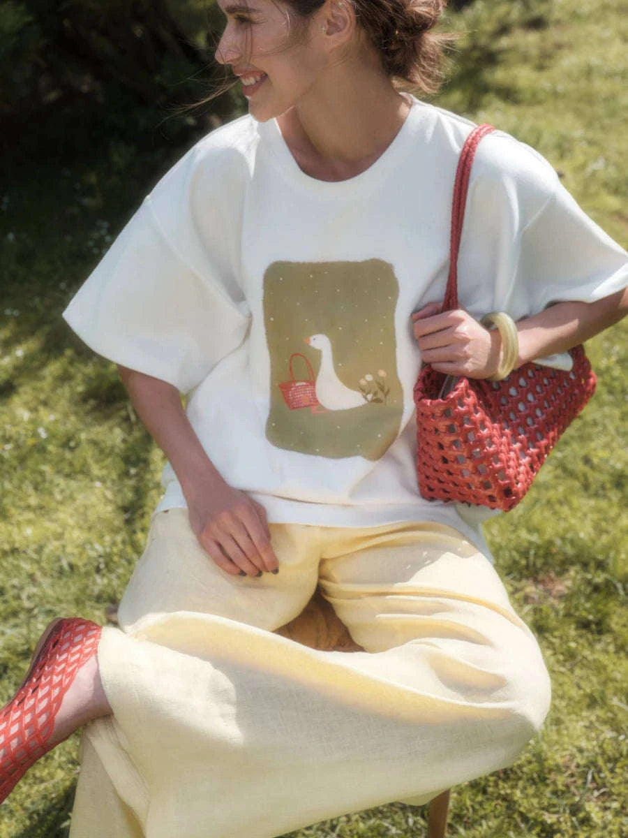 Women's Oversized Geometric Print Cotton T-Shirt Casual Loose Fit-White / M