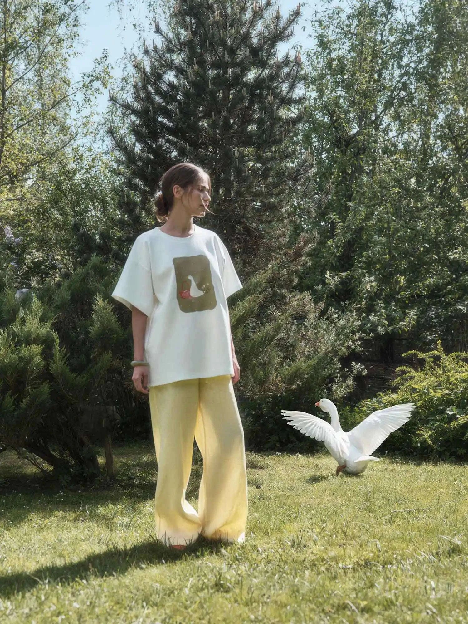 Women's Oversized Geometric Print Cotton T-Shirt Casual Loose Fit-White / M