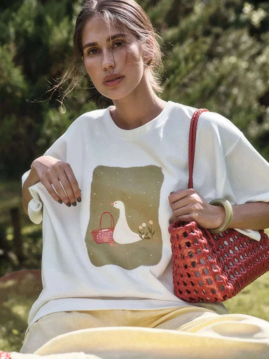 Women's Oversized Geometric Print Cotton T-Shirt Casual Loose Fit-White / M