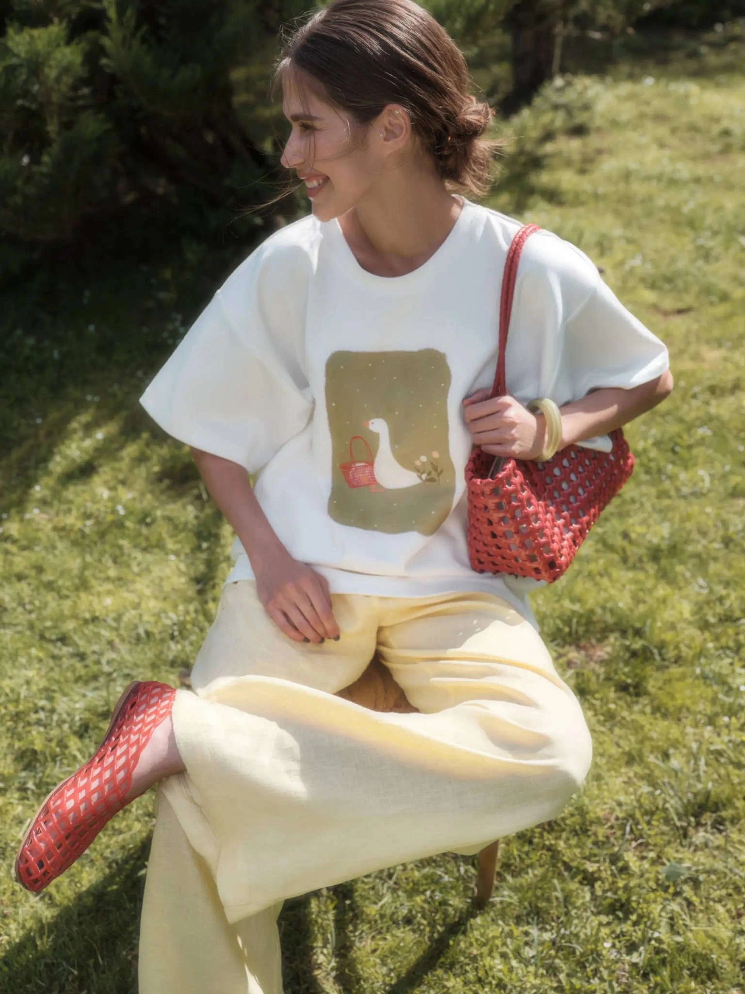 Women's Oversized Geometric Print Cotton T-Shirt Casual Loose Fit-White / M