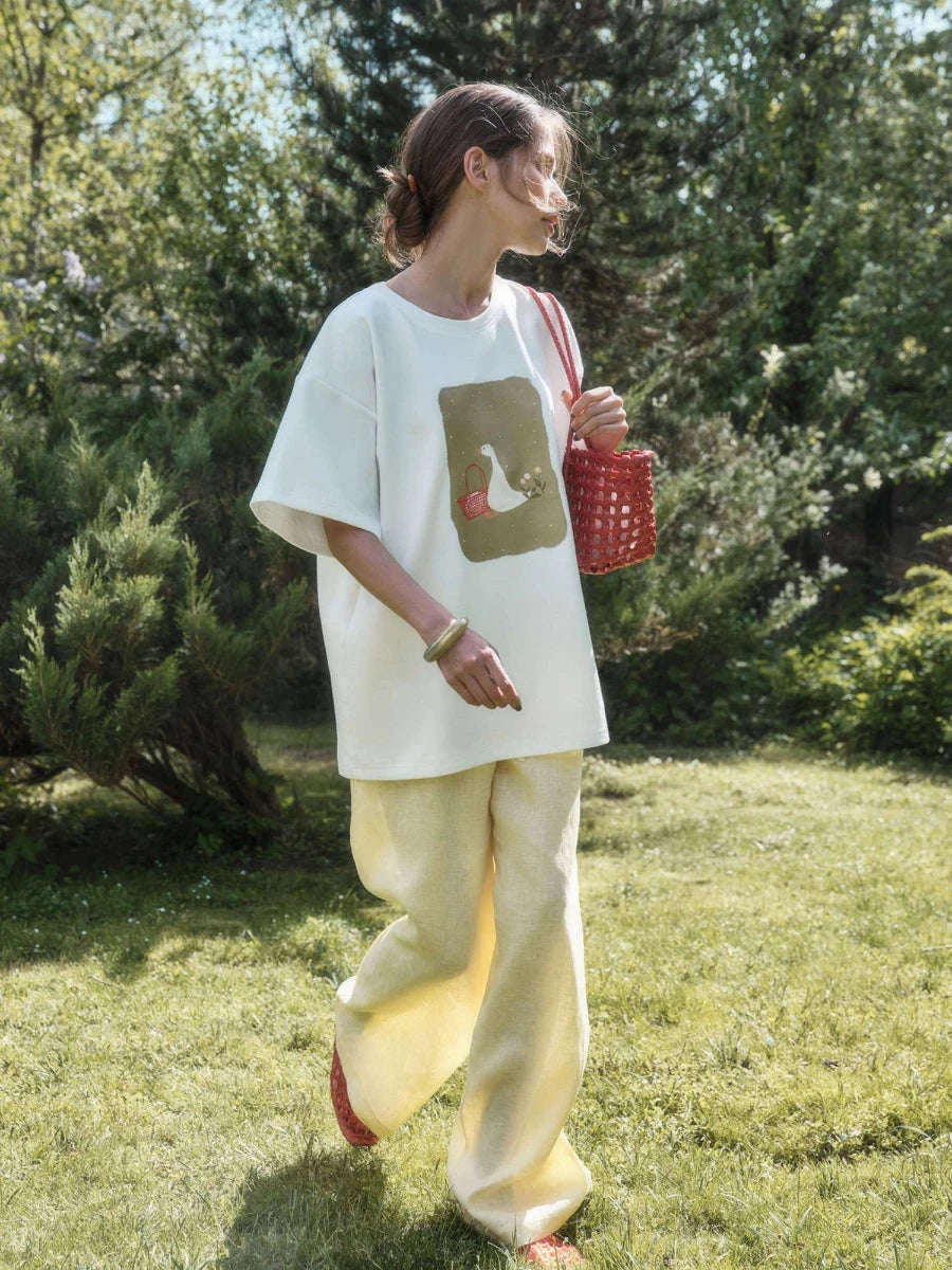 Women's Oversized Geometric Print Cotton T-Shirt Casual Loose Fit-White / M