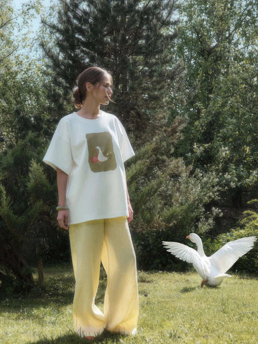 Women's Oversized Geometric Print Cotton T-Shirt Casual Loose Fit-White / M
