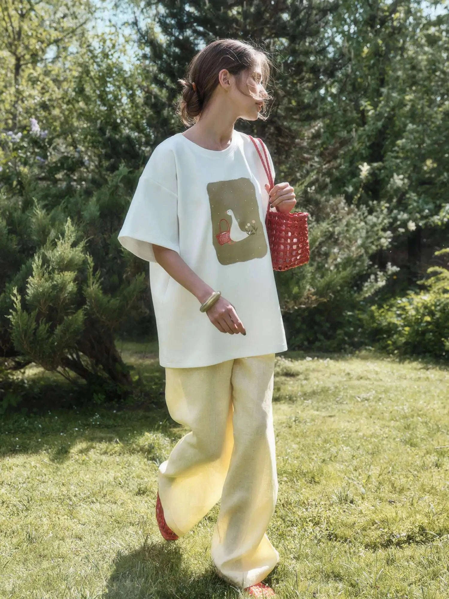 Women's Oversized Geometric Print Cotton T-Shirt Casual Loose Fit-White / M