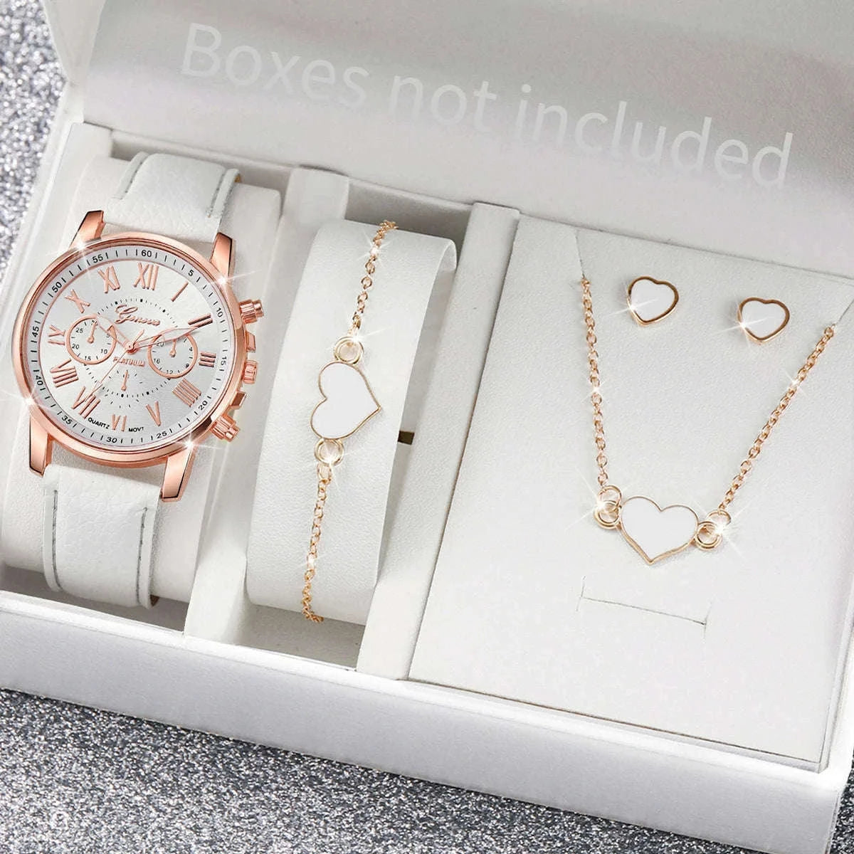 Women's Quartz Watch Set with Leather Band and Heart Jewelry-G Without Box