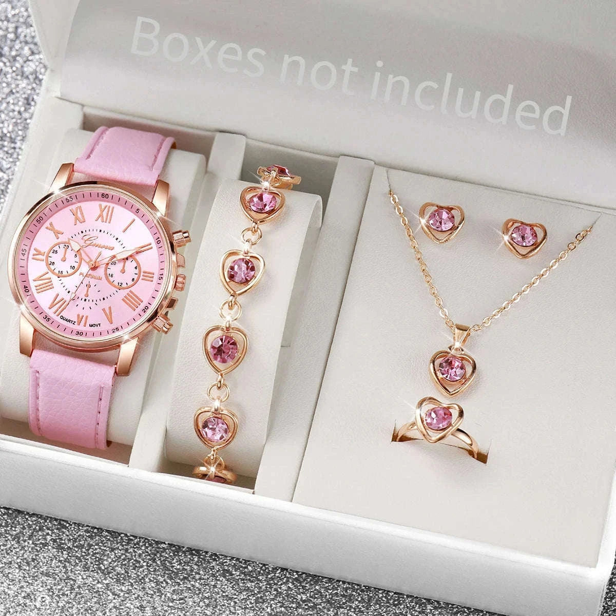 Women's Quartz Watch Set with Leather Band and Heart Jewelry-G Without Box