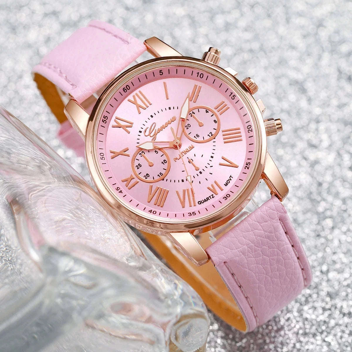 Women's Quartz Watch Set with Leather Band and Heart Jewelry-G Without Box