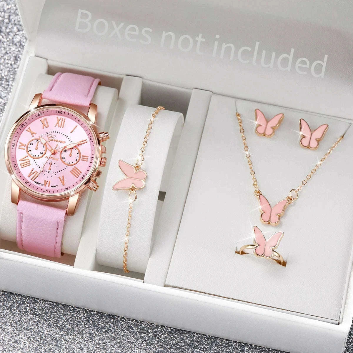 Women's Quartz Watch Set with Leather Band and Heart Jewelry-G Without Box