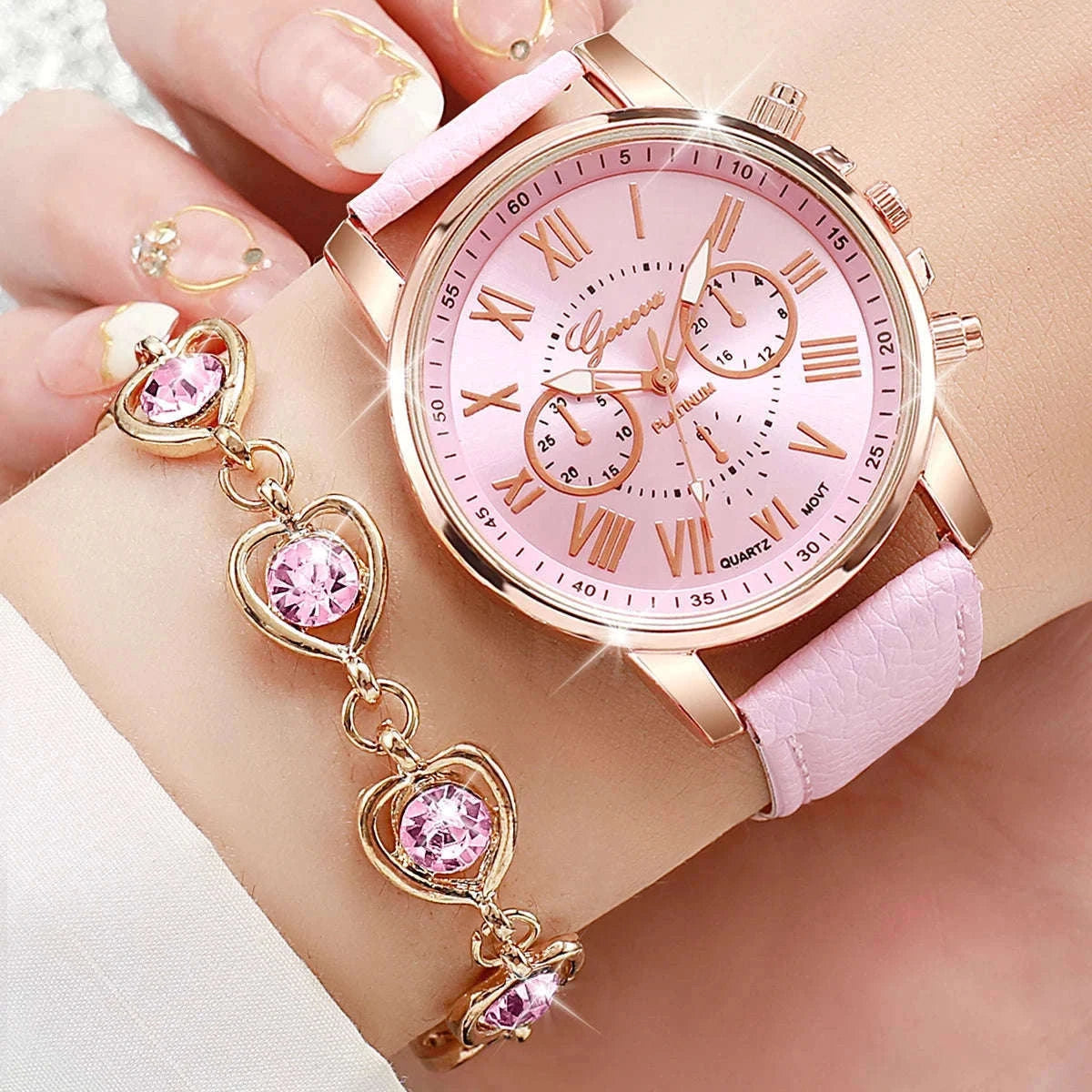 Women's Quartz Watch Set with Leather Band and Heart Jewelry-G Without Box