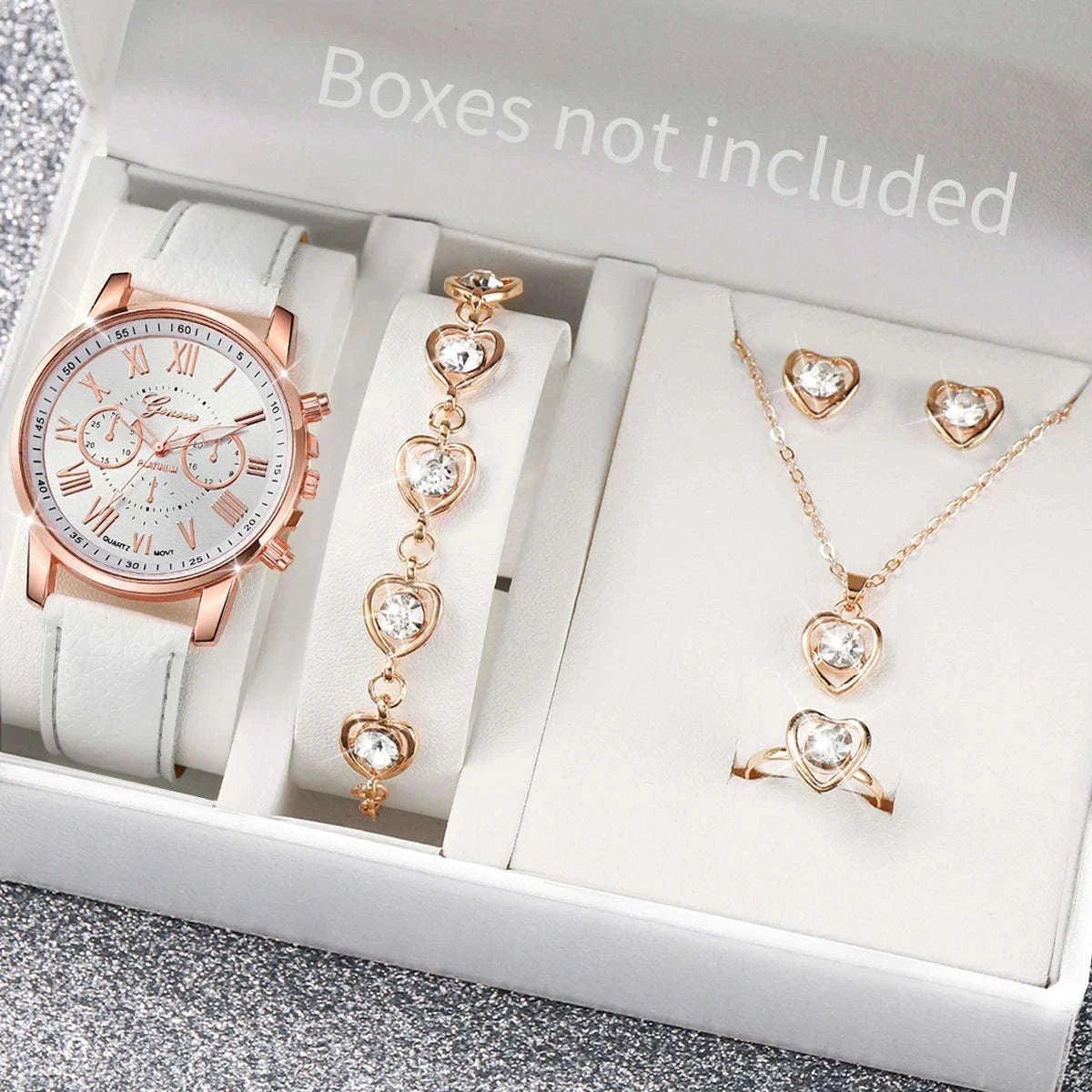 Women's Quartz Watch Set with Leather Band and Heart Jewelry-G Without Box