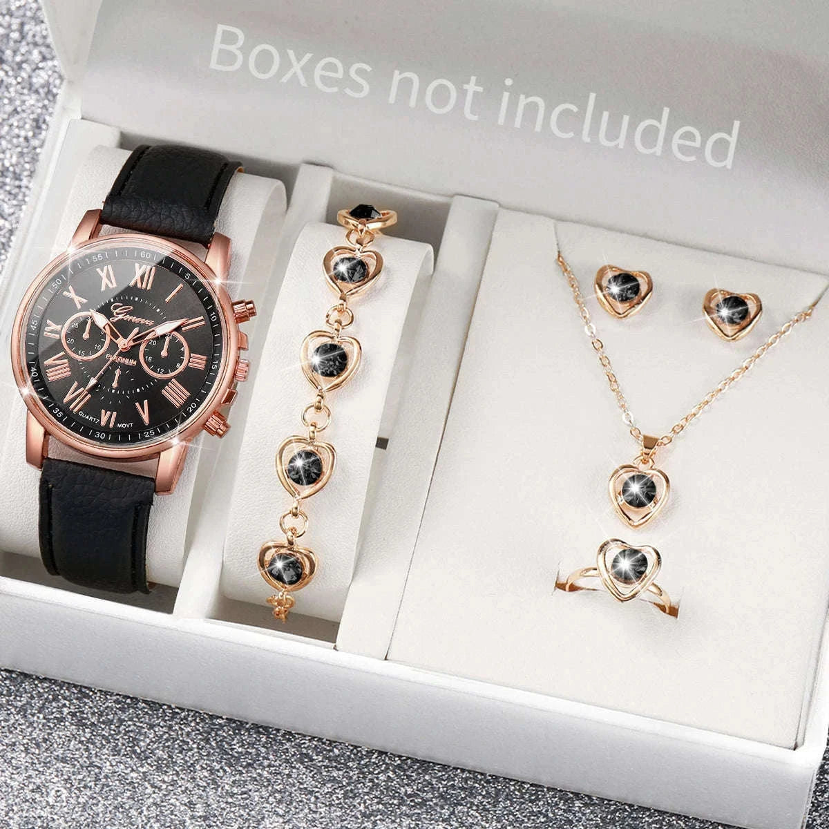 Women's Quartz Watch Set with Leather Band and Heart Jewelry-G Without Box