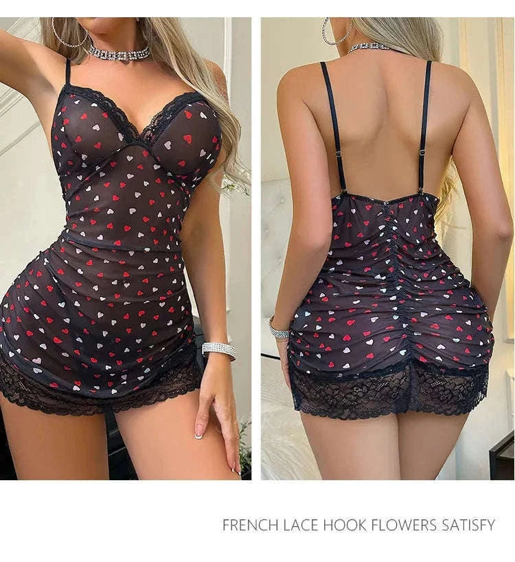 Women’s Satin Feel V-Neck Mini Nightgown Sleeveless Summer Sleepwear-black / L