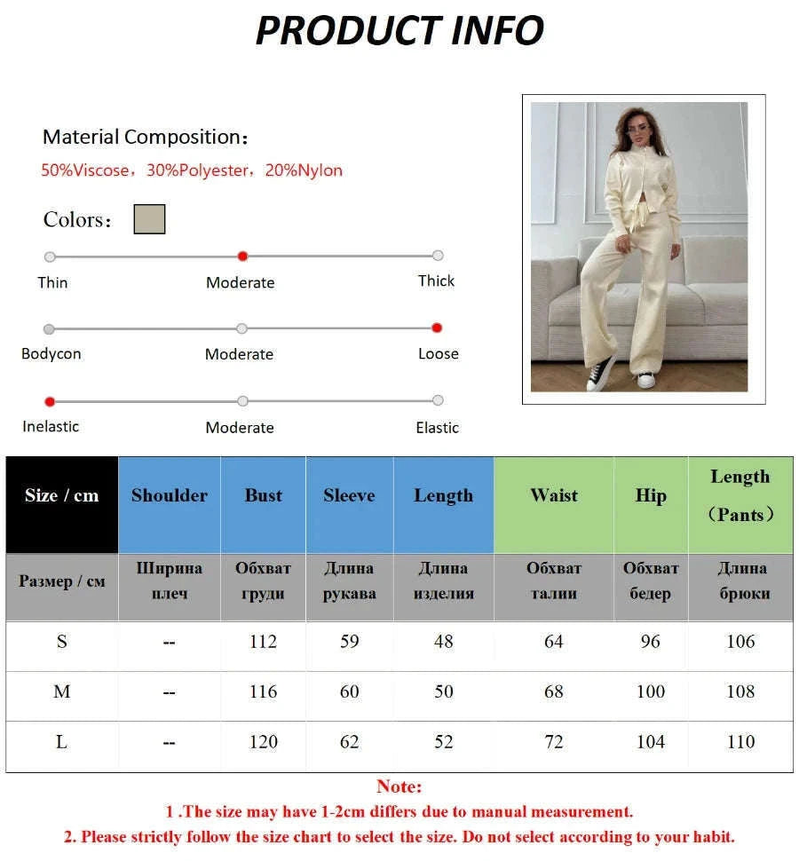 Women's Slim Fit Knit Sweater Set with Zip Cardigan & Wide Leg Pants-Light Coffee / L