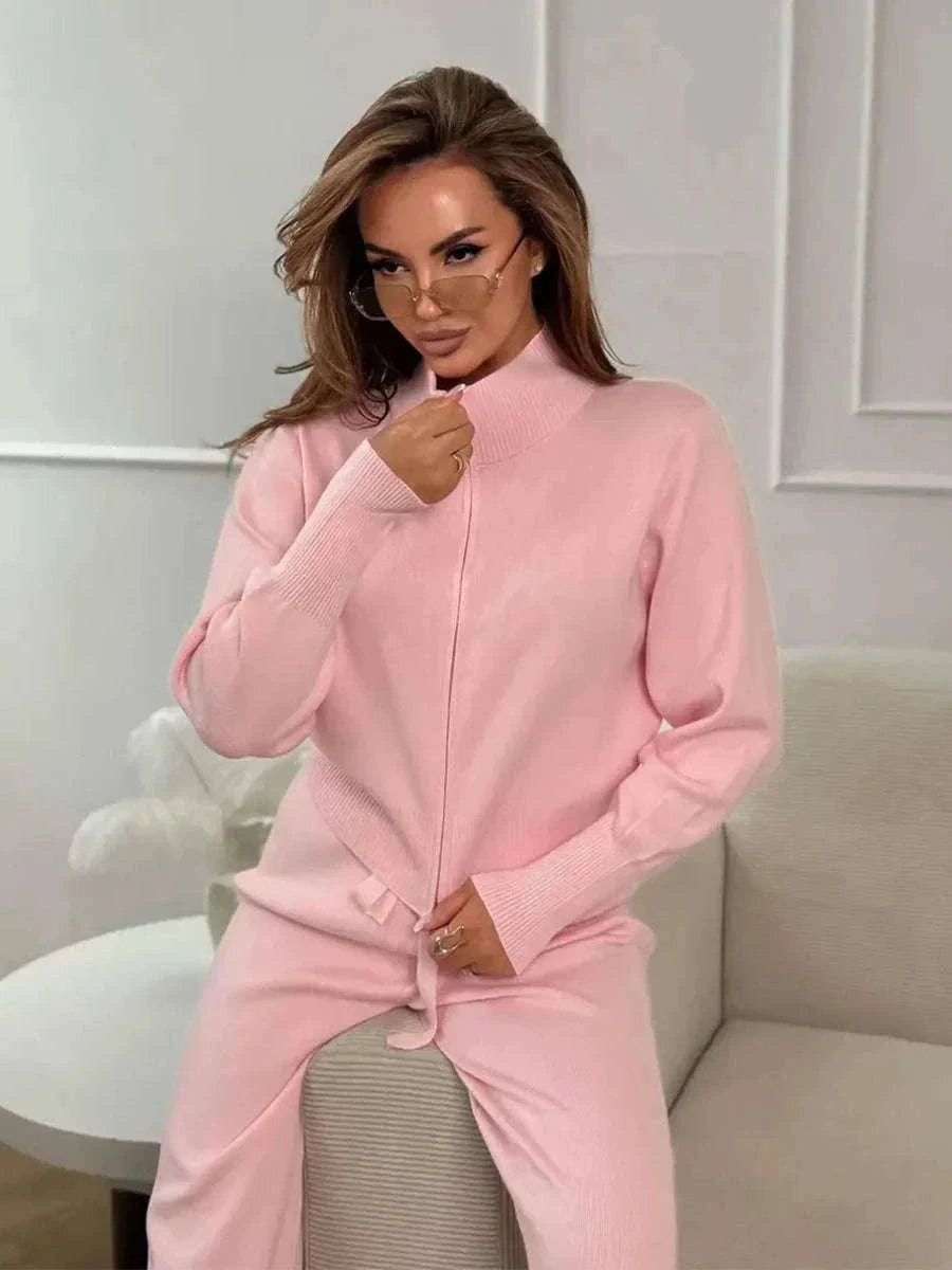 Women's Slim Fit Knit Sweater Set with Zip Cardigan & Wide Leg Pants-Light Coffee / L