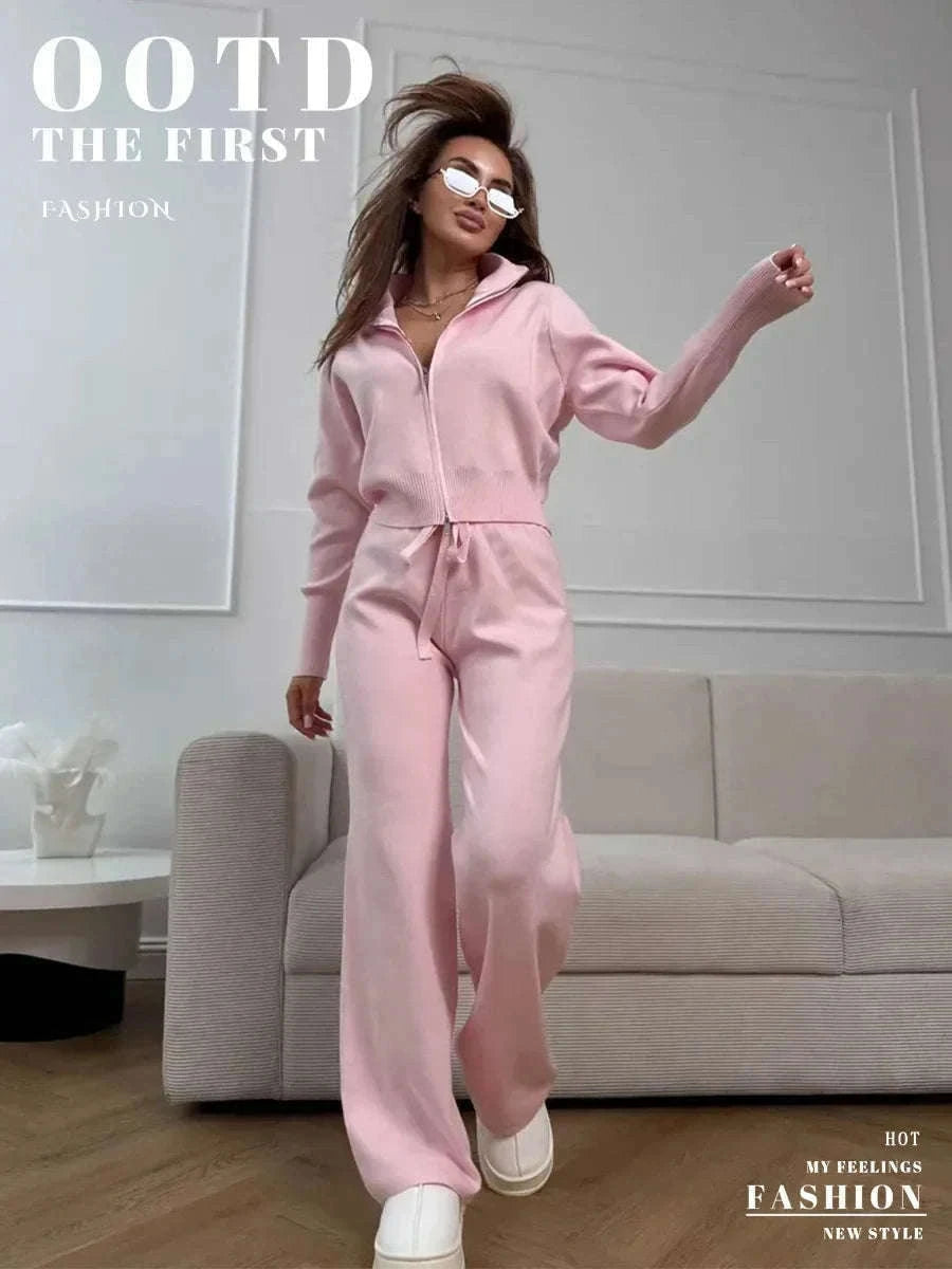 Women's Slim Fit Knit Sweater Set with Zip Cardigan & Wide Leg Pants-Light Coffee / L