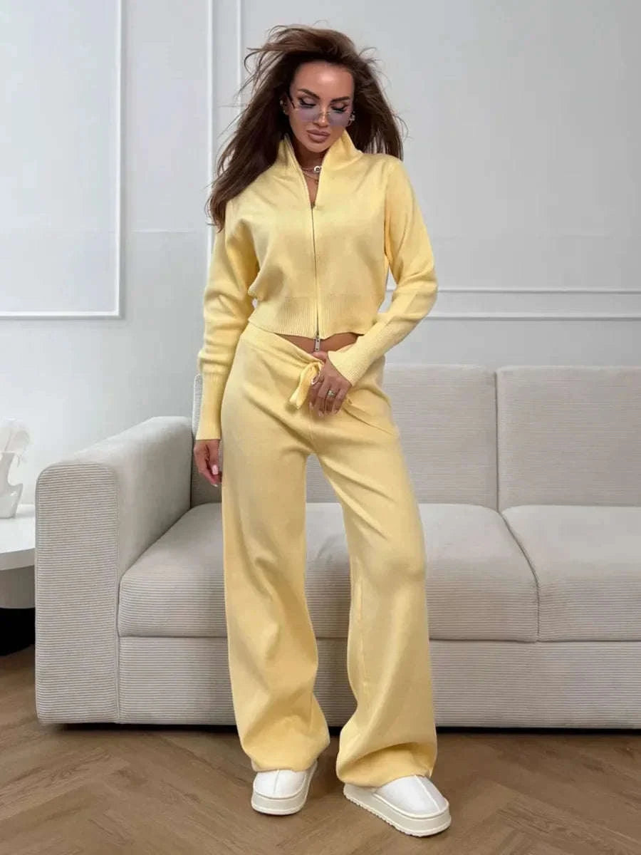 Women's Slim Fit Knit Sweater Set with Zip Cardigan & Wide Leg Pants-Light Coffee / L