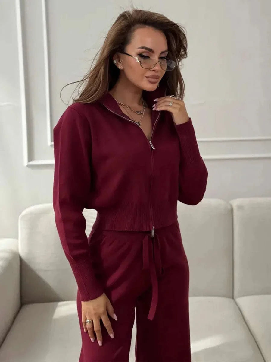Women's Slim Fit Knit Sweater Set with Zip Cardigan & Wide Leg Pants-Light Coffee / L