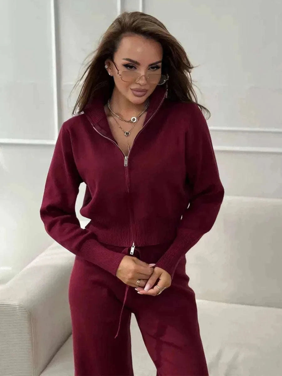 Women's Slim Fit Knit Sweater Set with Zip Cardigan & Wide Leg Pants-Light Coffee / L