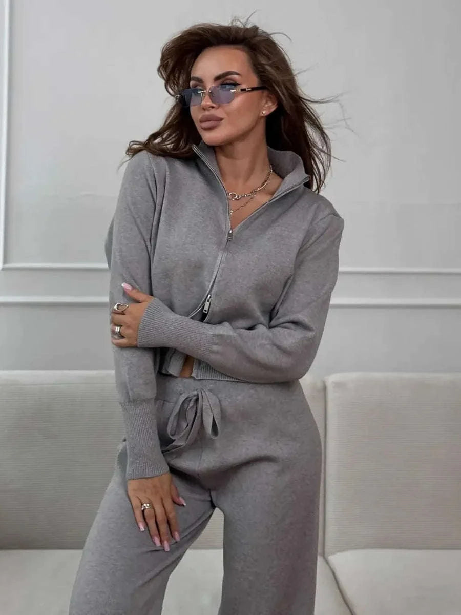Women's Slim Fit Knit Sweater Set with Zip Cardigan & Wide Leg Pants-Light Coffee / L