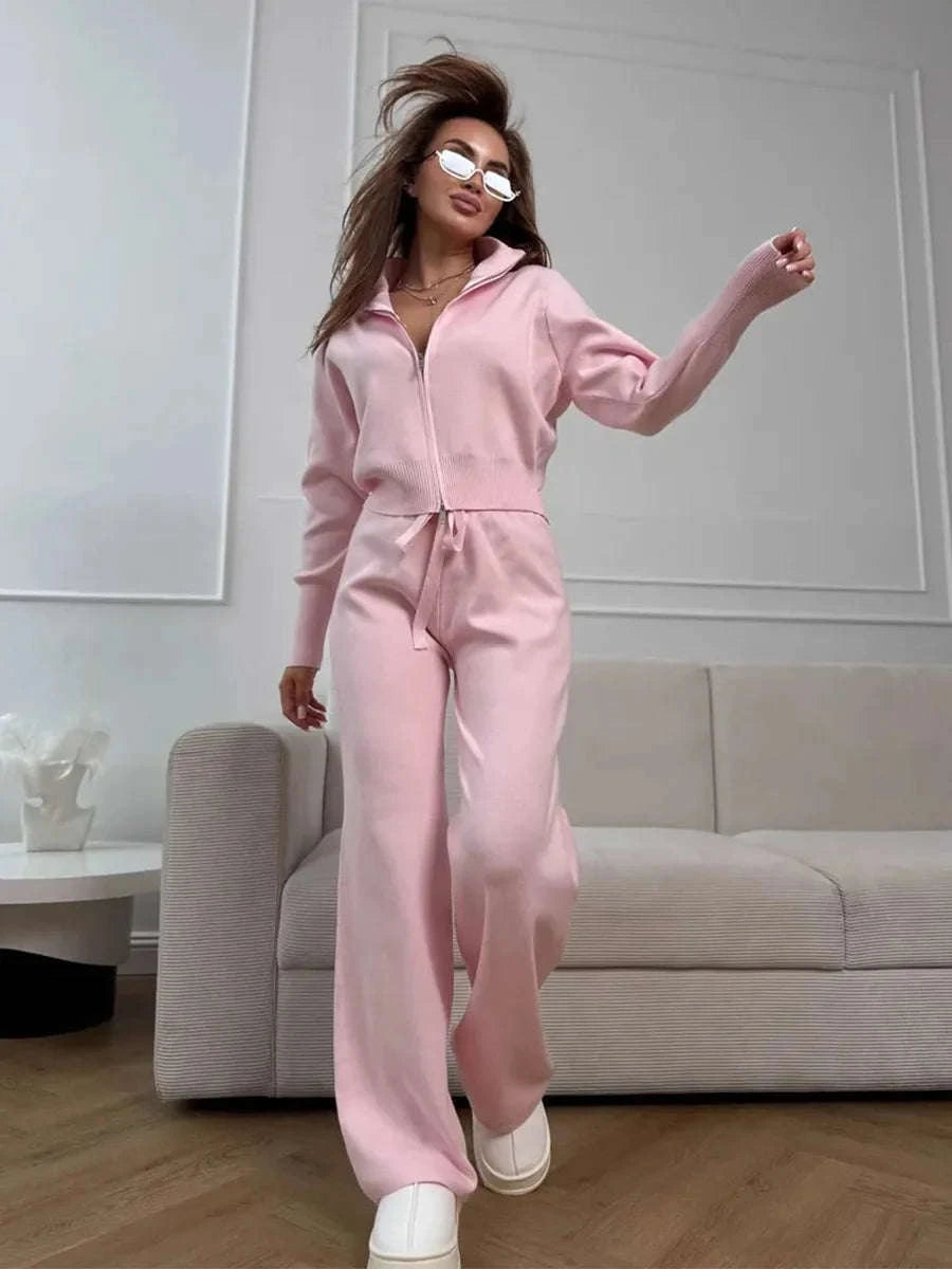 Women's Slim Fit Knit Sweater Set with Zip Cardigan & Wide Leg Pants-Light Coffee / L