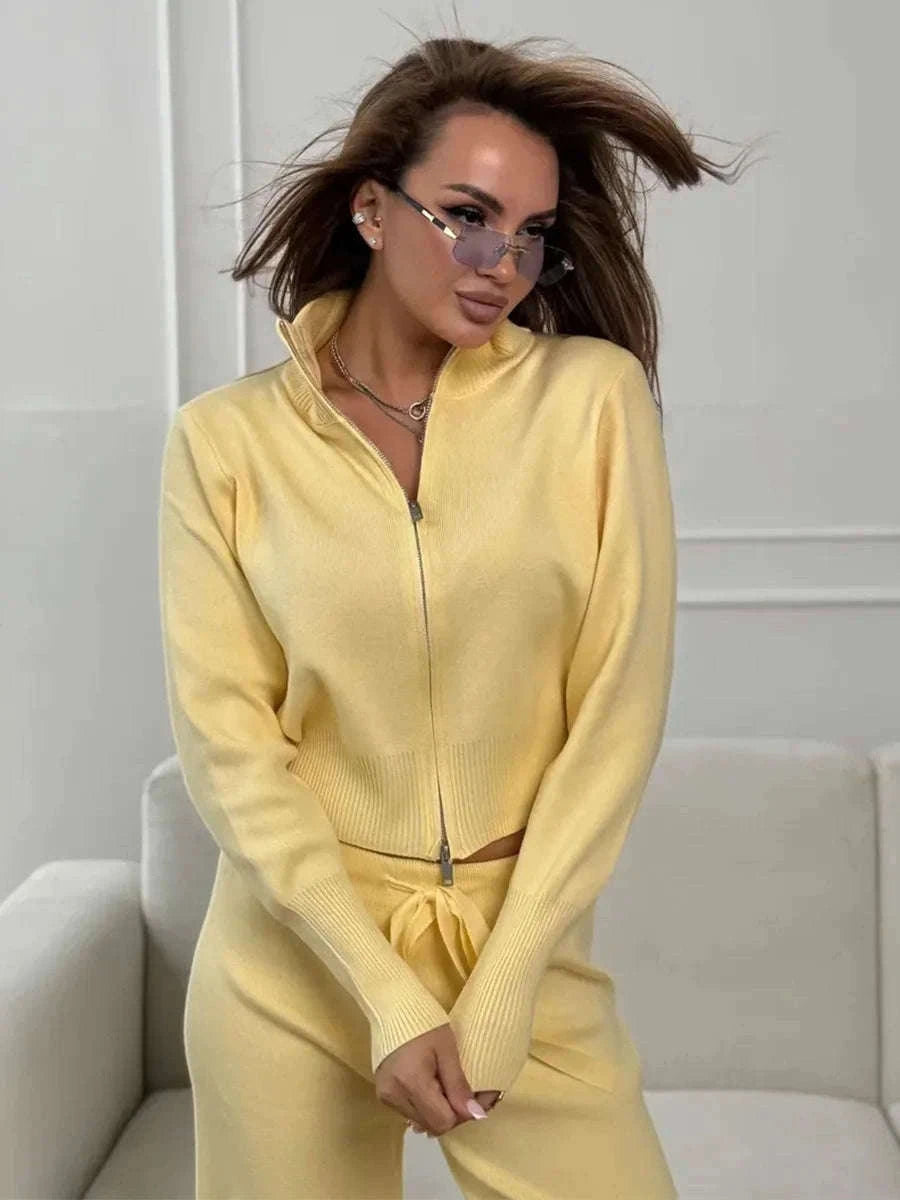 Women's Slim Fit Knit Sweater Set with Zip Cardigan & Wide Leg Pants-Light Coffee / L
