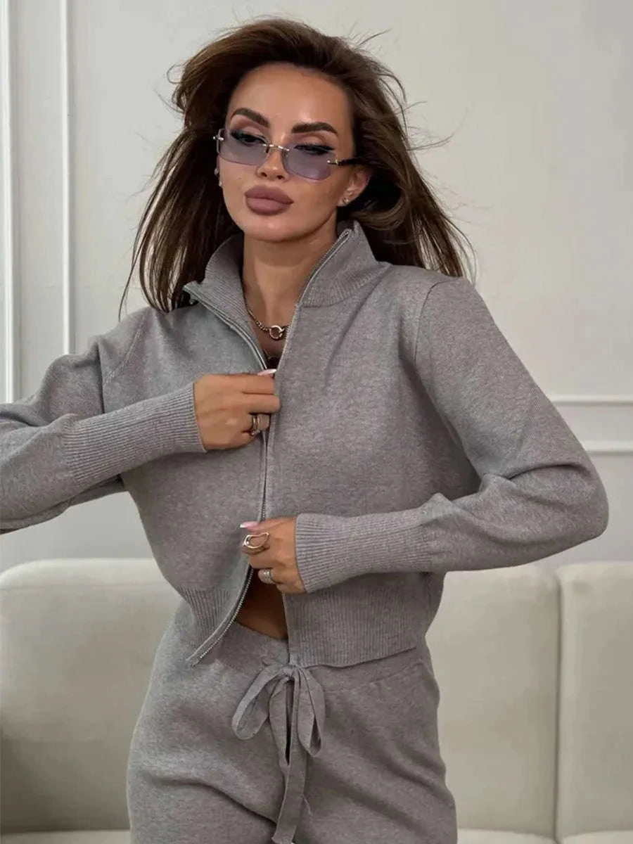 Women's Slim Fit Knit Sweater Set with Zip Cardigan & Wide Leg Pants-Light Coffee / L