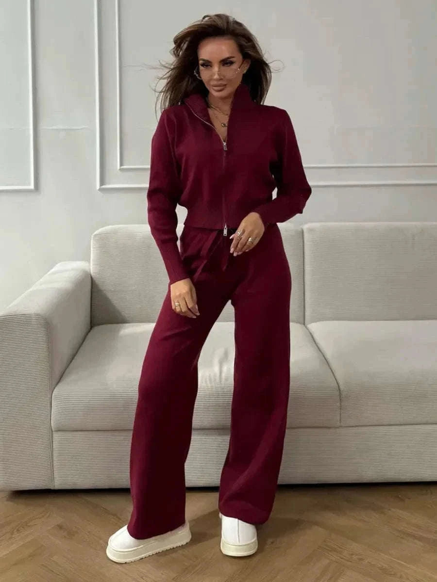 Women's Slim Fit Knit Sweater Set with Zip Cardigan & Wide Leg Pants-Light Coffee / L