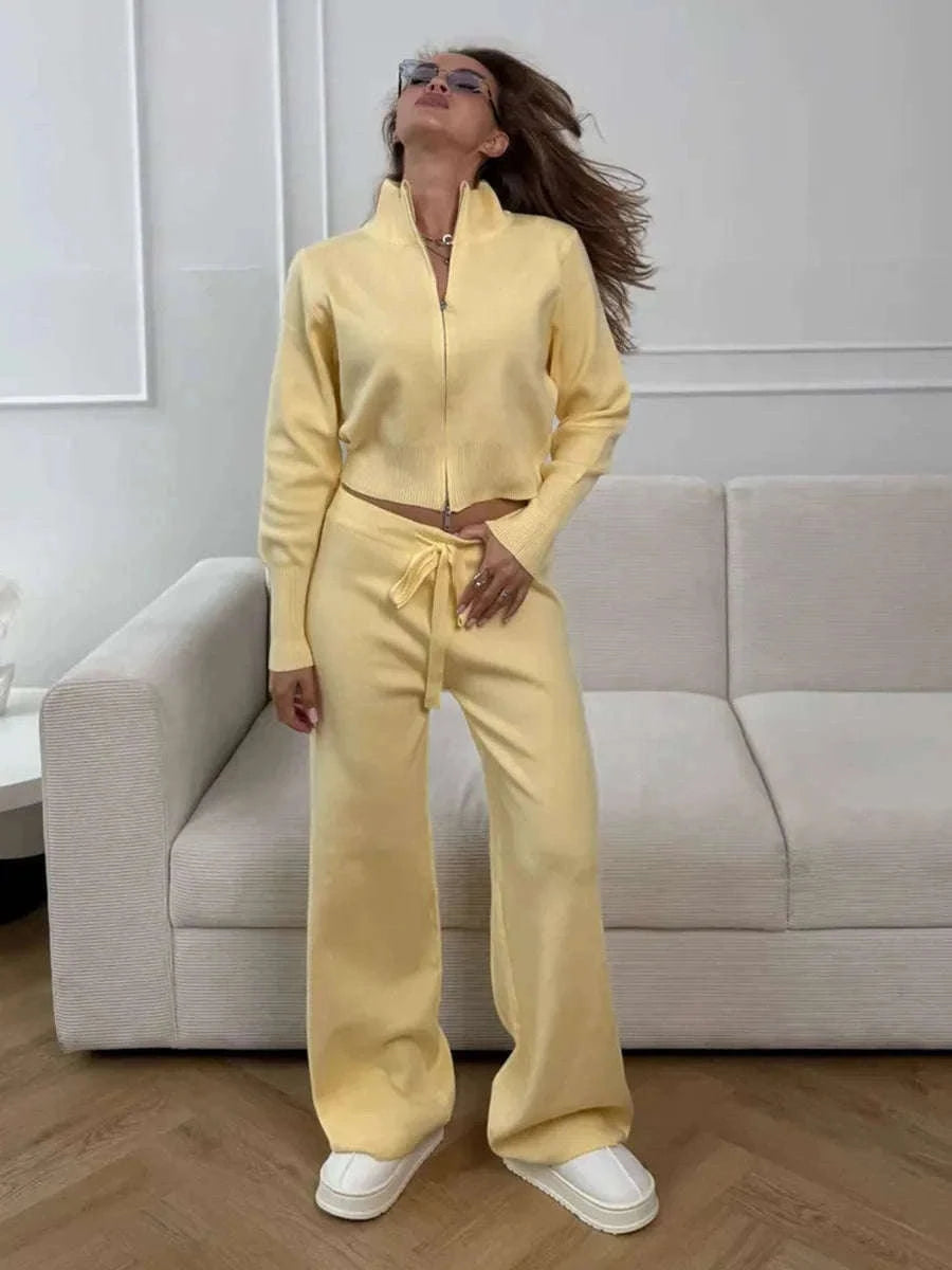 Women's Slim Fit Knit Sweater Set with Zip Cardigan & Wide Leg Pants-Light Coffee / L