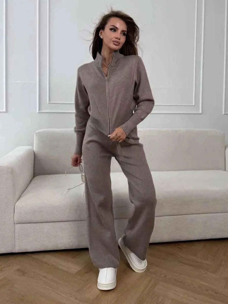 Women's Slim Fit Knit Sweater Set with Zip Cardigan & Wide Leg Pants-Light Coffee / L