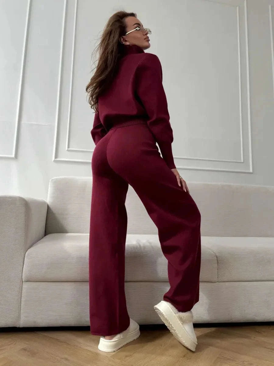 Women's Slim Fit Knit Sweater Set with Zip Cardigan & Wide Leg Pants-Light Coffee / L