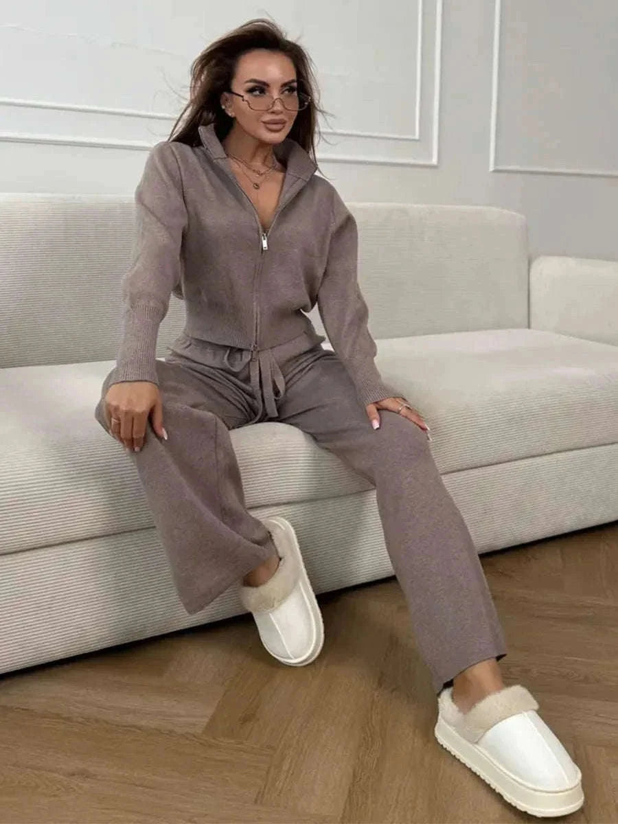 Women's Slim Fit Knit Sweater Set with Zip Cardigan & Wide Leg Pants-Light Coffee / L