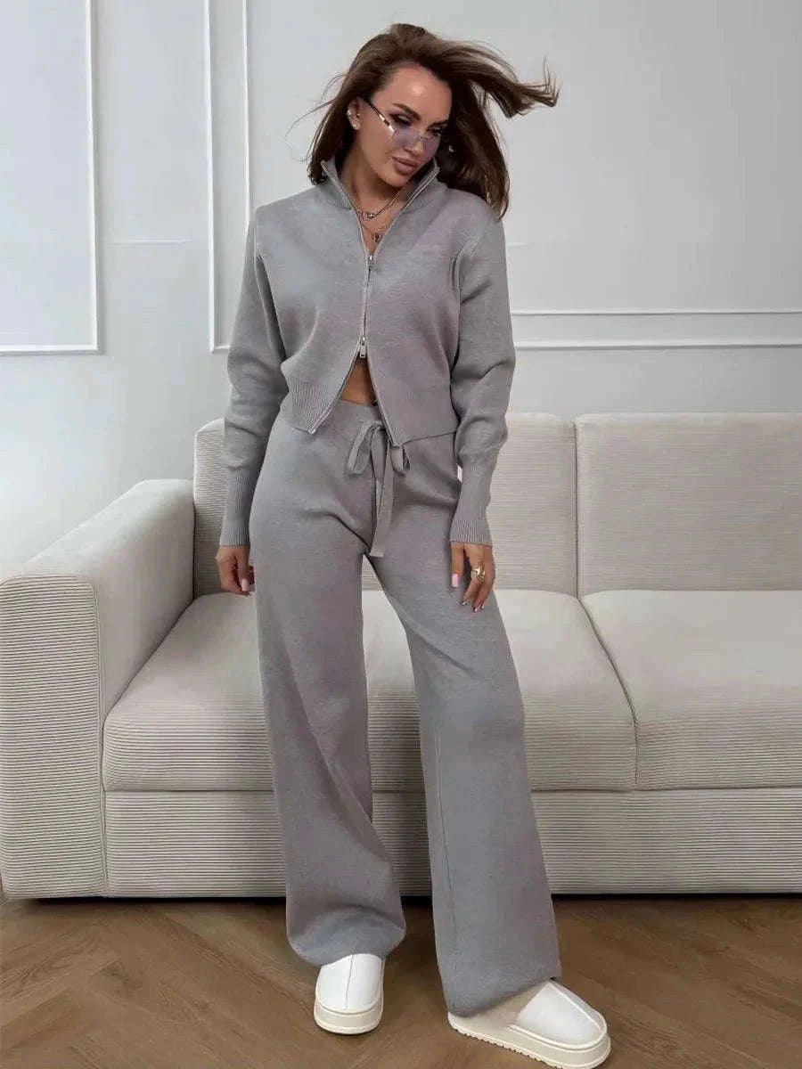Women's Slim Fit Knit Sweater Set with Zip Cardigan & Wide Leg Pants-Light Coffee / L