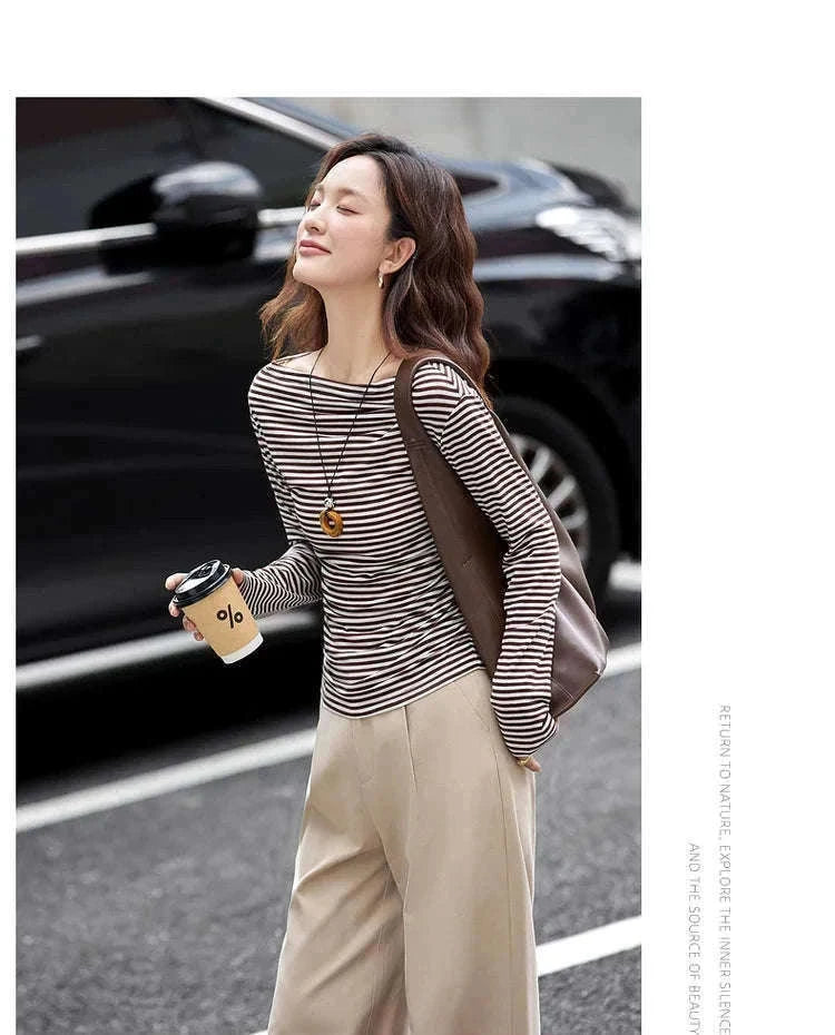 Women’s Slim Fit Slash Neck Long Sleeve Stretch Knit Top-Gray Striped tee / S