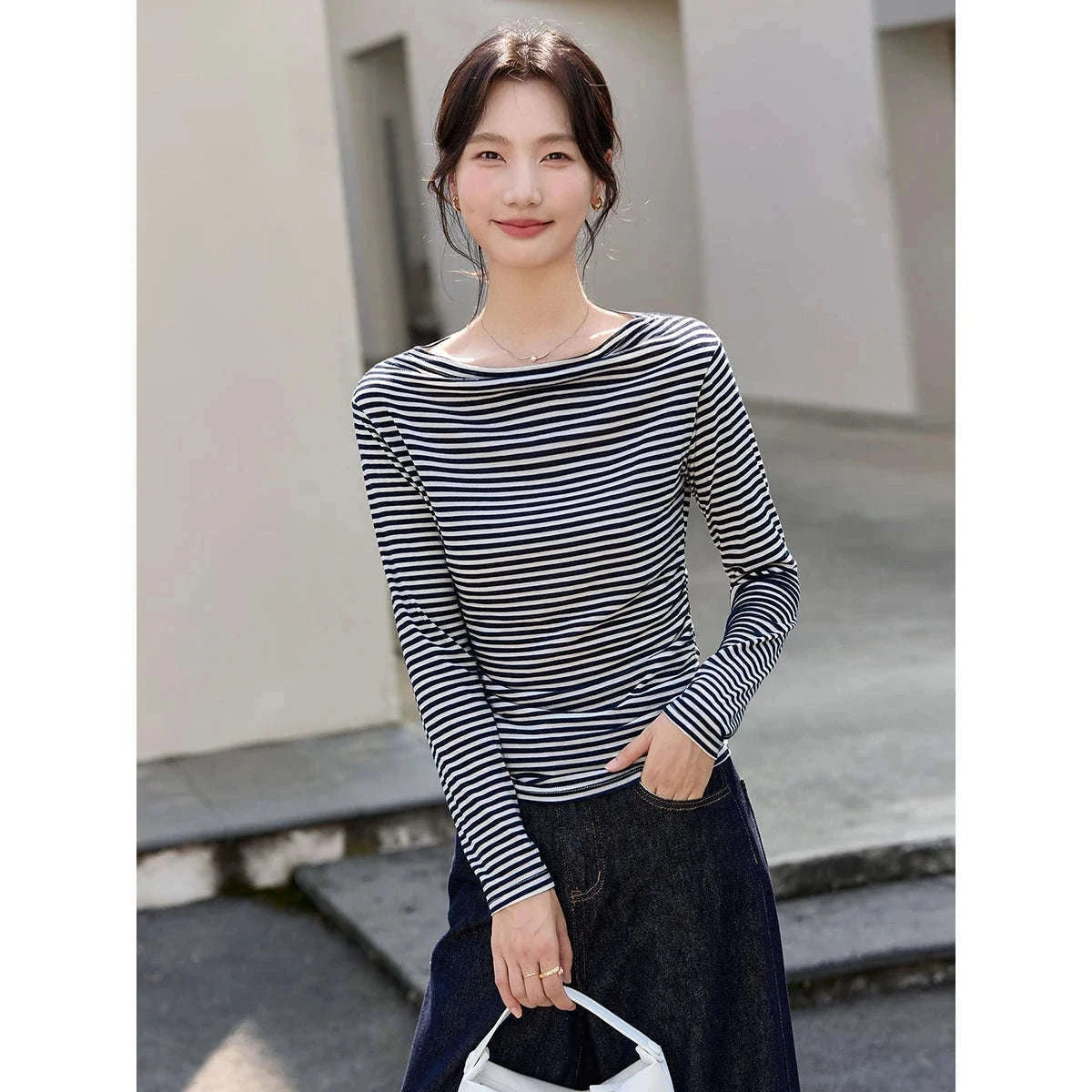 Women’s Slim Fit Slash Neck Long Sleeve Stretch Knit Top-Gray Striped tee / S