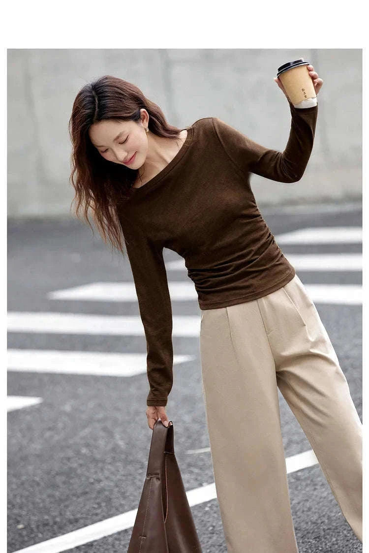 Women’s Slim Fit Slash Neck Long Sleeve Stretch Knit Top-Gray Striped tee / S