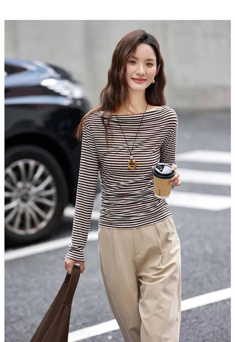 Women’s Slim Fit Slash Neck Long Sleeve Stretch Knit Top-Gray Striped tee / S